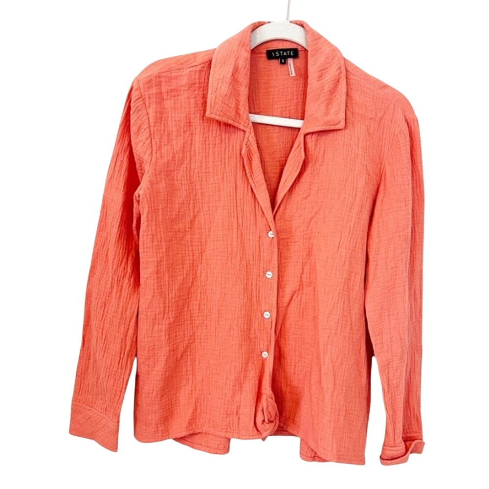 1.STATE Women S Coral Orange Cotton Gauze Button Down Front Tie Shirt NWT